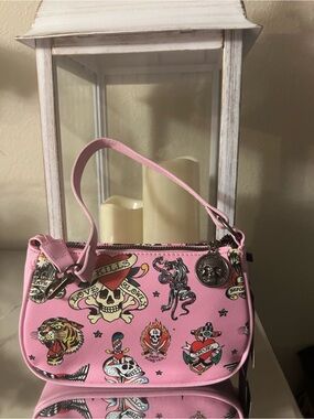 Ed Hardy Pink Tattoo-Print shoulder Bag with Charm